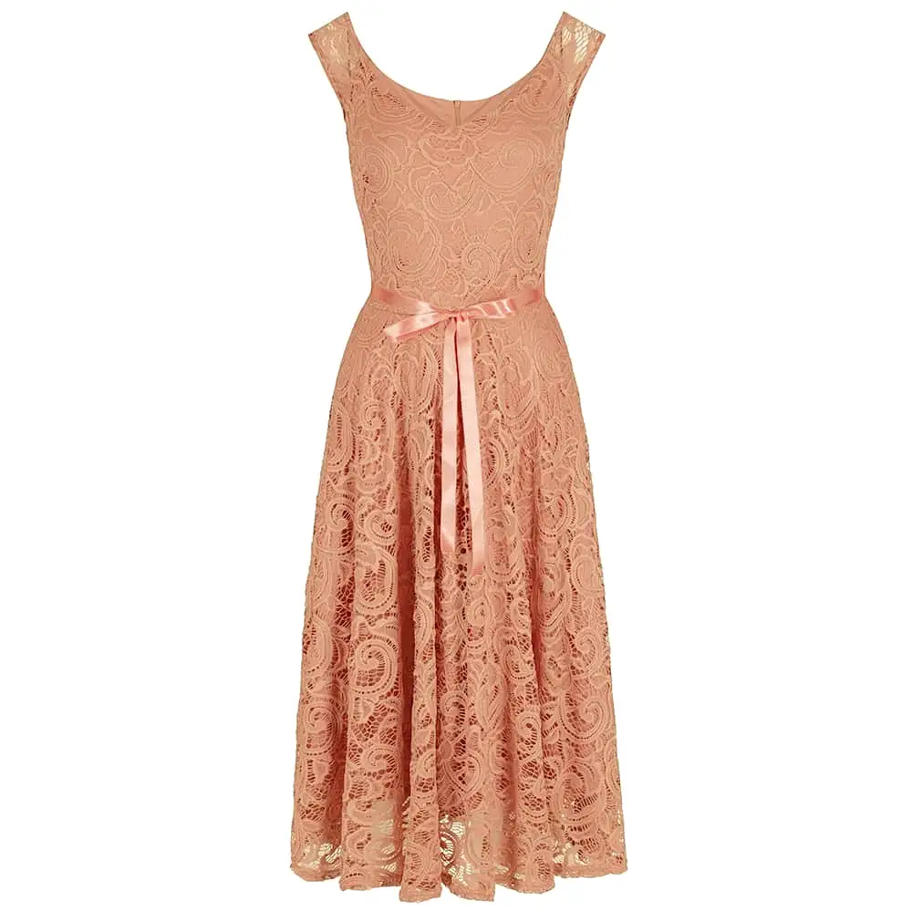 Salmon Pink Vintage Lace Embroidered Belted Dress