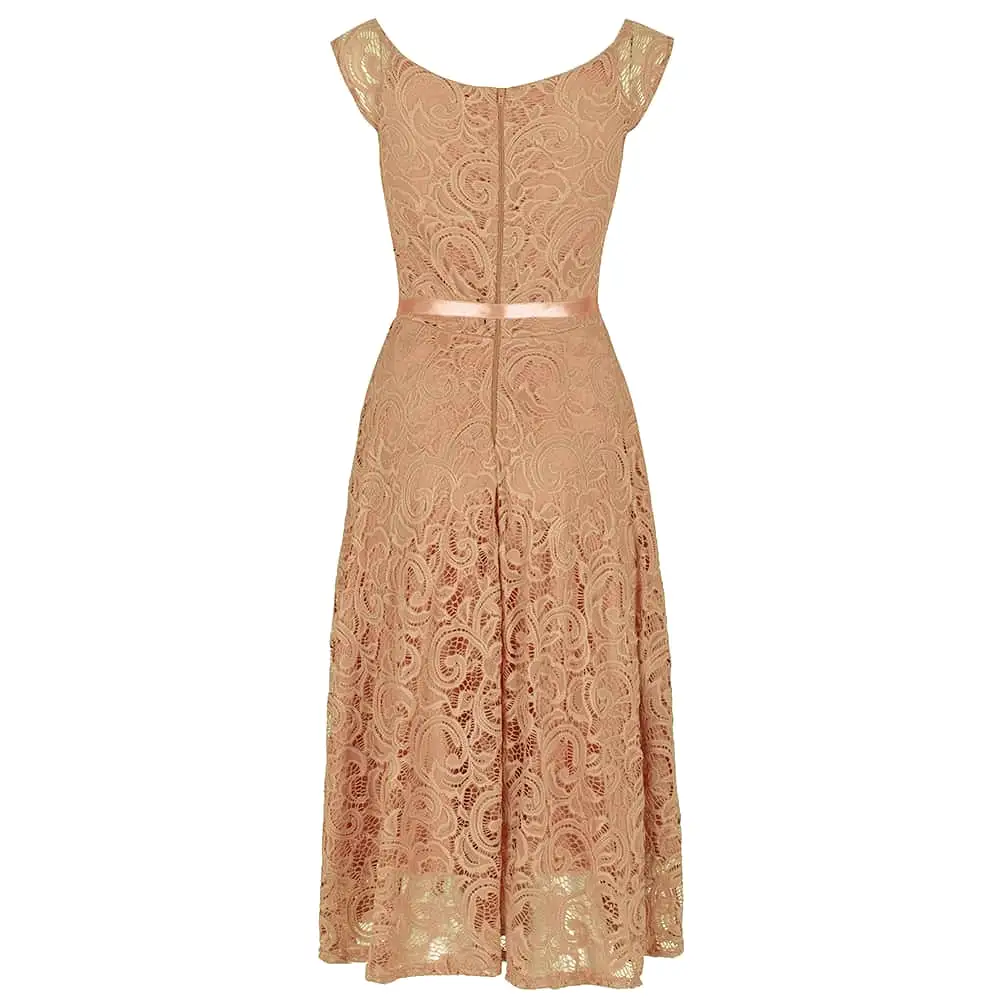 Salmon Pink Vintage Lace Embroidered Belted Dress