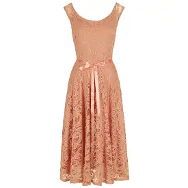 Salmon Pink Vintage Lace Embroidered Belted Dress