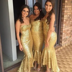 Shinning Gold Sequin Sweetheart Strapless Mermaid Sexy HI-Lo Ruffles Long Bridesmaid Dresses, WG144