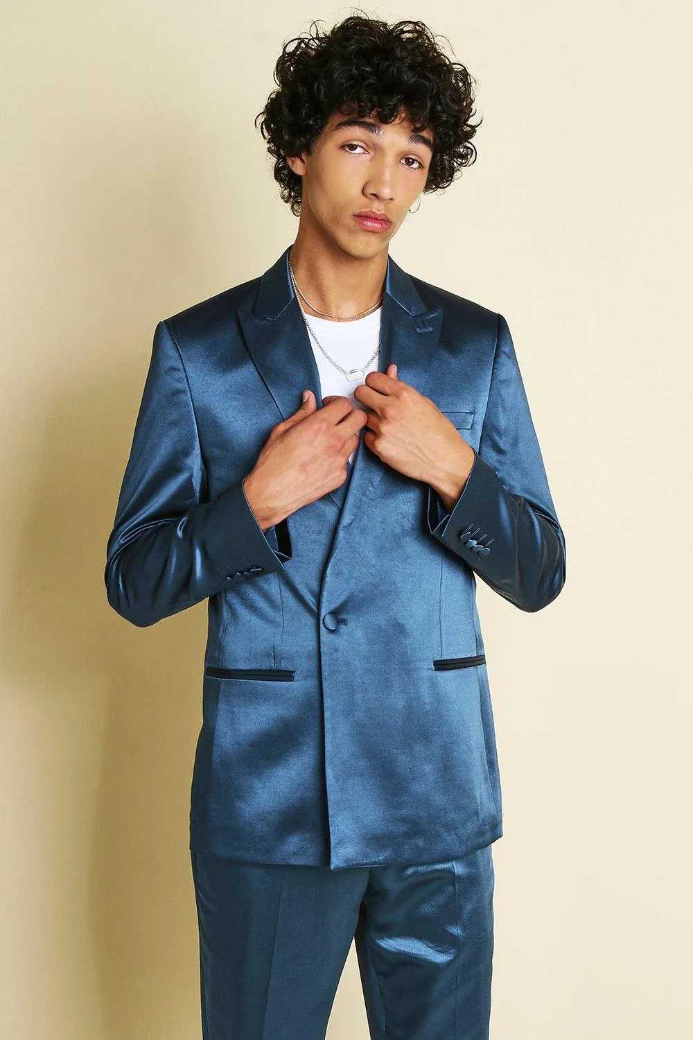 Skinny Plain Sateen Double Breasted Suit Jacket | boohooMAN UK