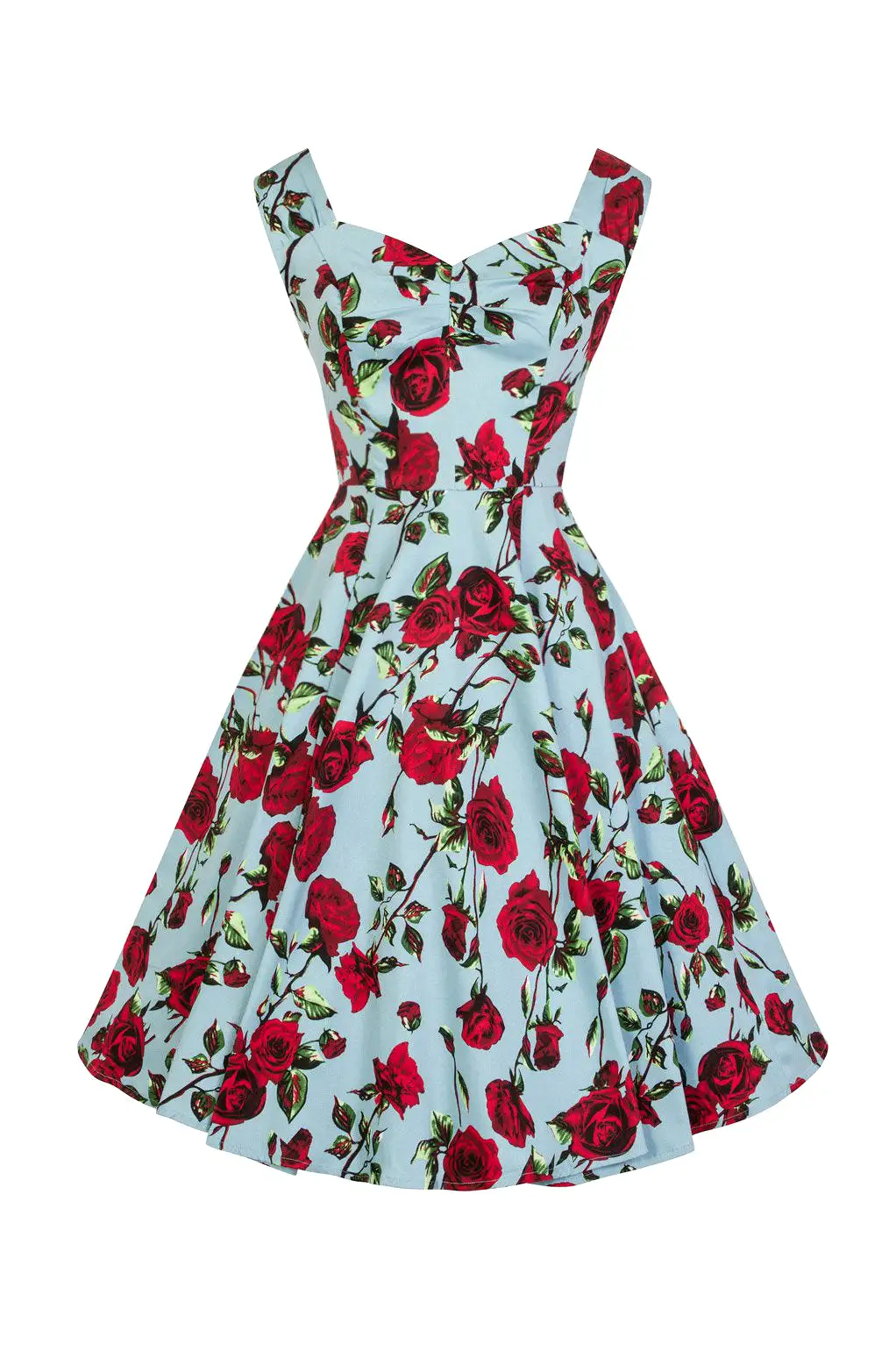 Sky Blue and Red Rose Floral Print Rockabilly 50s Swing Dress