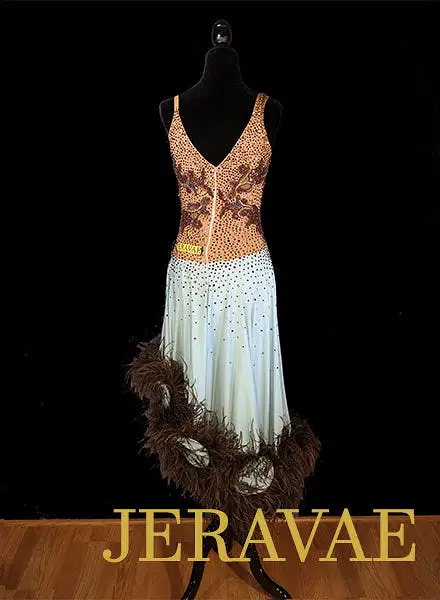 Soft Blue Long Latin/Rhythm Dress with Brown Feather Boa Hem SZ M/L Swarovski