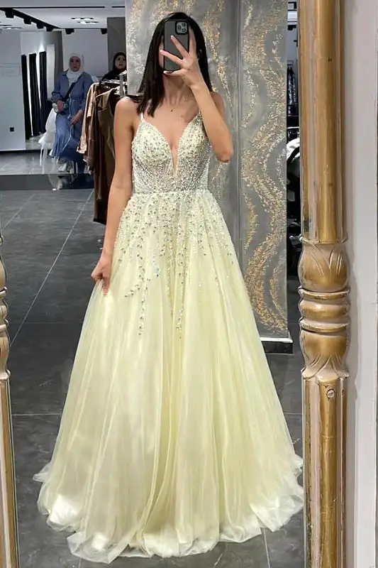 Spaghetti-Straps Tulle Prom Dress A Line With Beadings