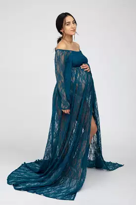 Teal Lace Off Shoulder Maternity Photoshoot Gown/Dress