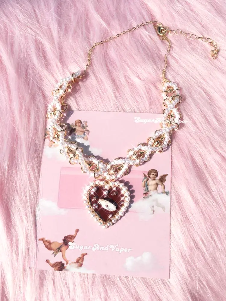 Vintage Hearts Pearls Chain Necklace