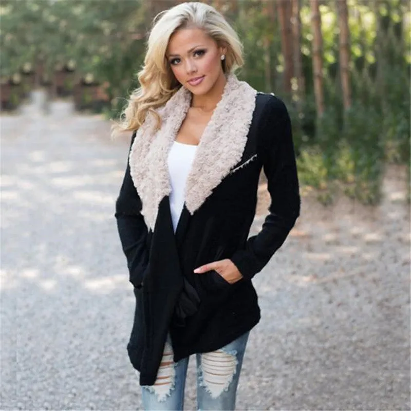 Warm Women Fur Coat collar Outwear Cardigan Coat Black Full Sleeve Kimono Cardigan Coats Tops Blouse Cover up