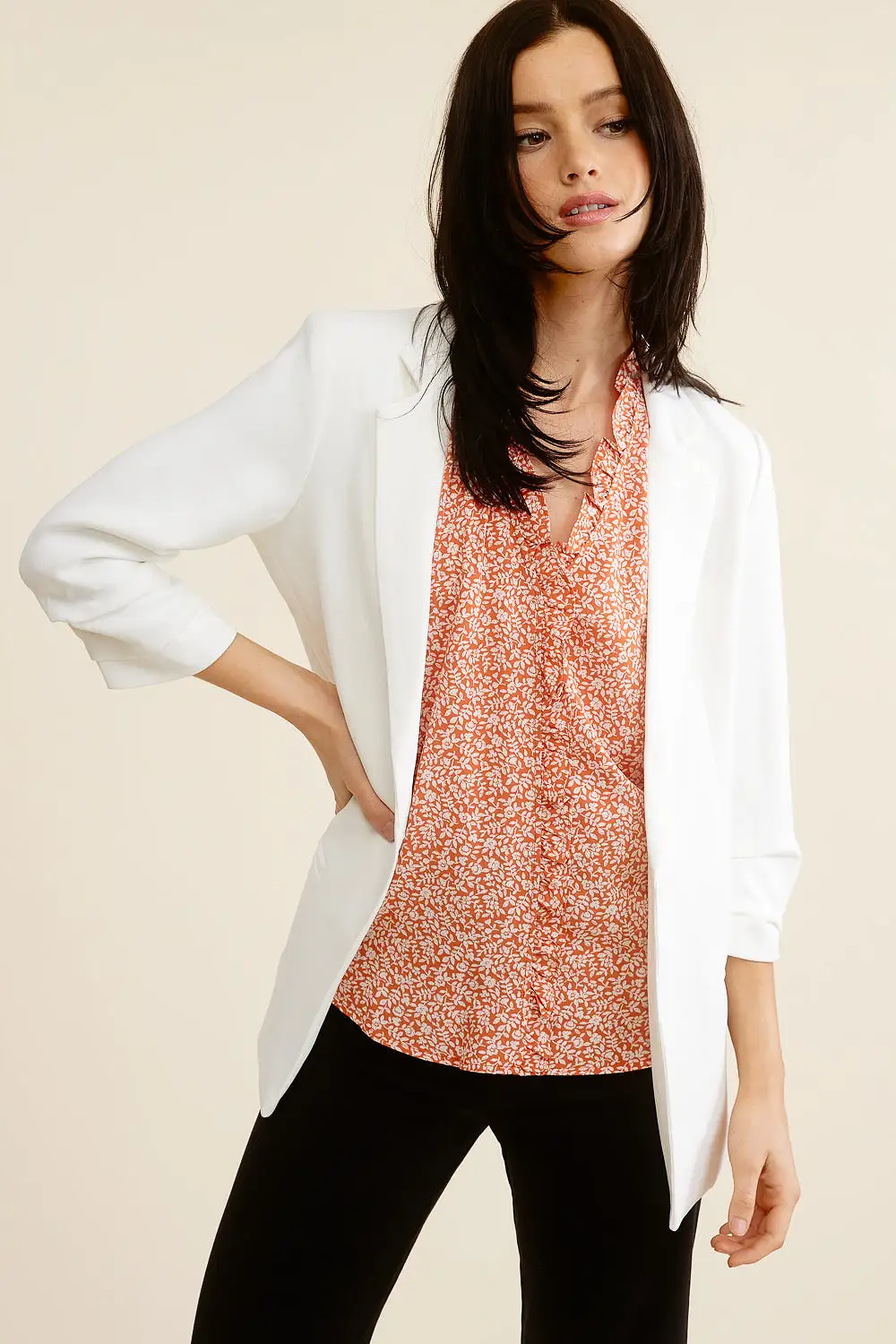 White 3/4 Sleeve Blazer