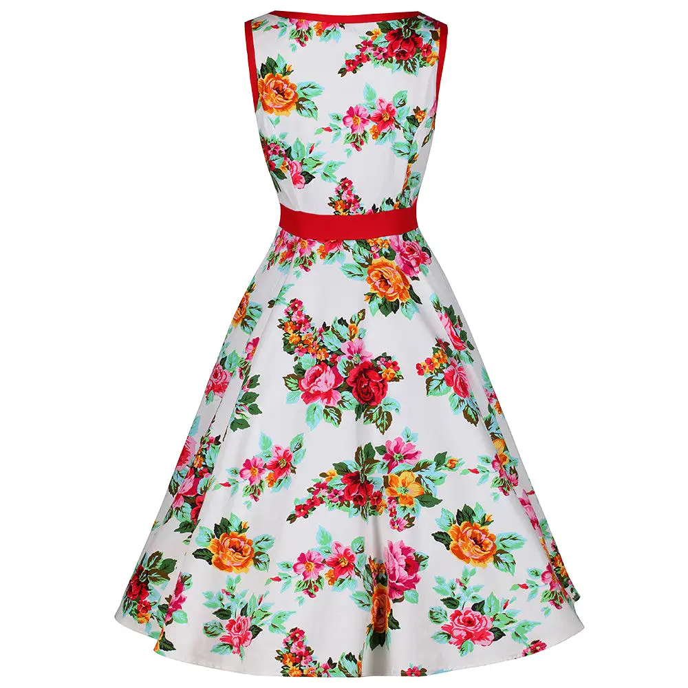 White and Multi Colour Floral Print Vintage 50s Swing Dress