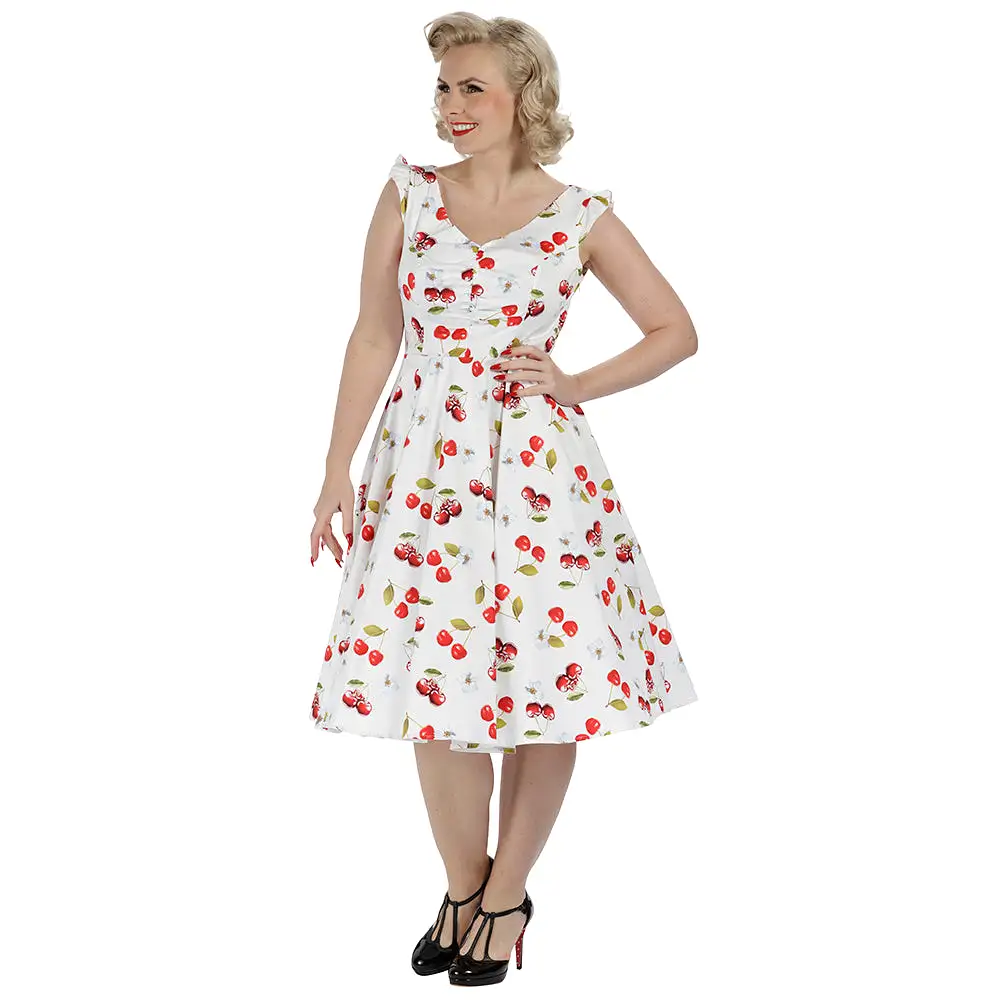 White and Red Cherry Print Rockabilly 50s Swing Dress