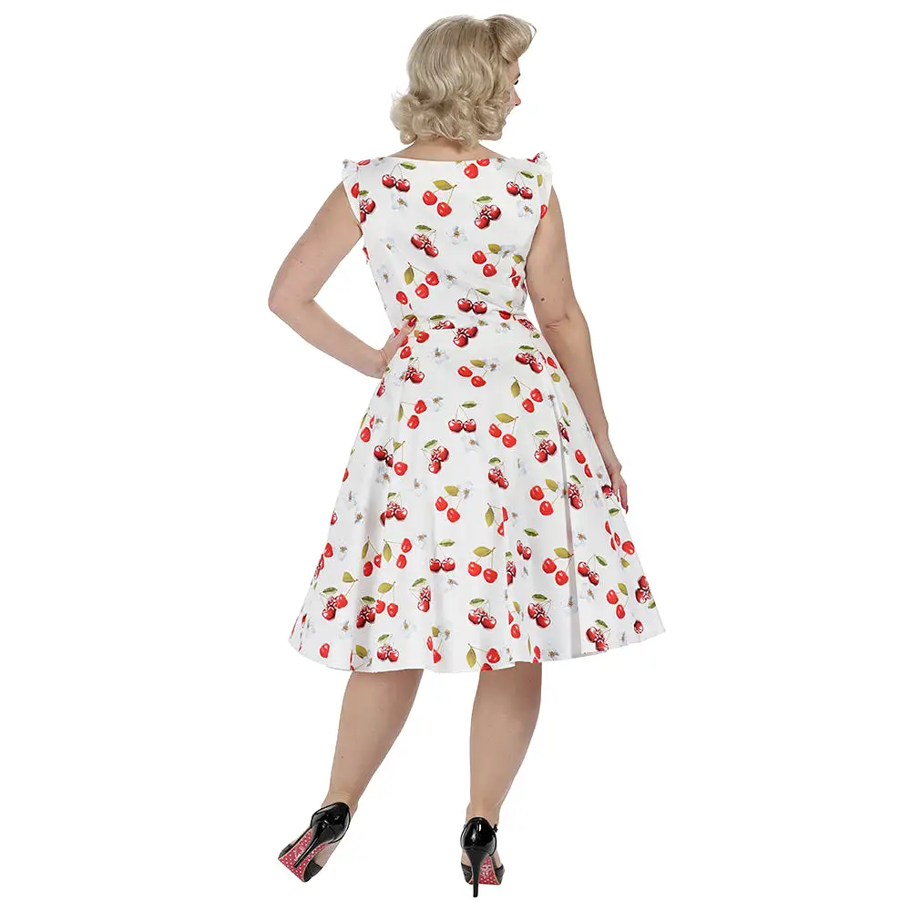 White and Red Cherry Print Rockabilly 50s Swing Dress