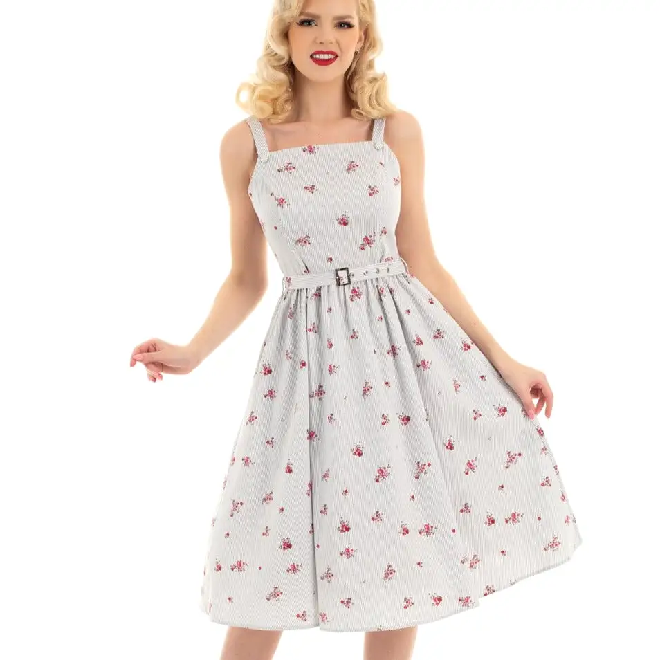 White Blue Grey Pin Stripe Floral Print Strappy Rockabilly 50s Swing Dress