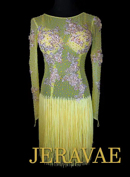 Yellow Mesh Rhythm Dress with Yellow Fringe and Lace with Swarovski stones Size Small LAT079