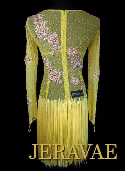 Yellow Mesh Rhythm Dress with Yellow Fringe and Lace with Swarovski stones Size Small LAT079