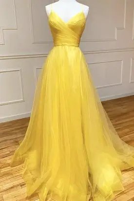 Yellow Spaghetti-Straps Prom Dress with String Back